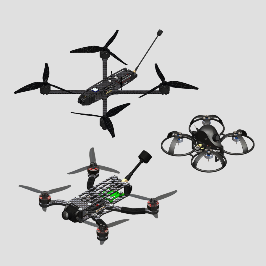 FPV dronai, tinywhoop, micro, freestyle, long range, heavy lift